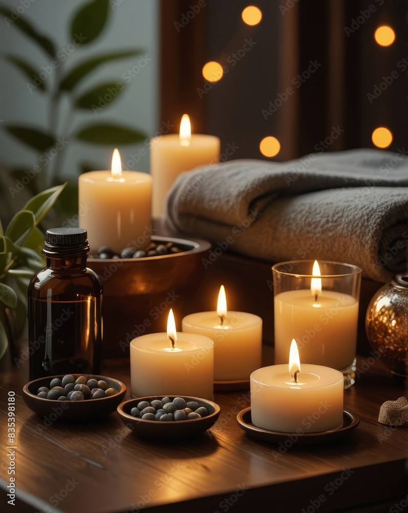 Relaxing Spa Scene with Candles and Essential Oils, Highlighting the Warm and Inviting Atmosphere of a Serene Wellness Retreat, Detailed and Soothing Ambiance