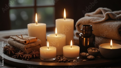 Relaxing Spa Scene with Candles and Essential Oils, Highlighting the Warm and Inviting Atmosphere of a Serene Wellness Retreat, Detailed and Soothing Ambiance