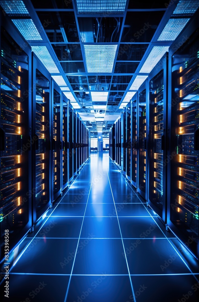 Fototapeta premium igh-tech data center with rows of server cabinets, illuminated by LED lights and visible wires, representing the power behind cloud computing and cyber security technology.