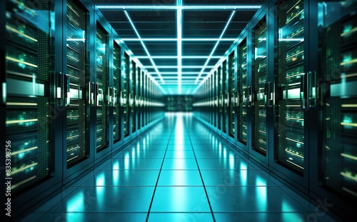 igh-tech data center with rows of server cabinets, illuminated by LED lights and visible wires, representing the power behind cloud computing and cyber security technology. 