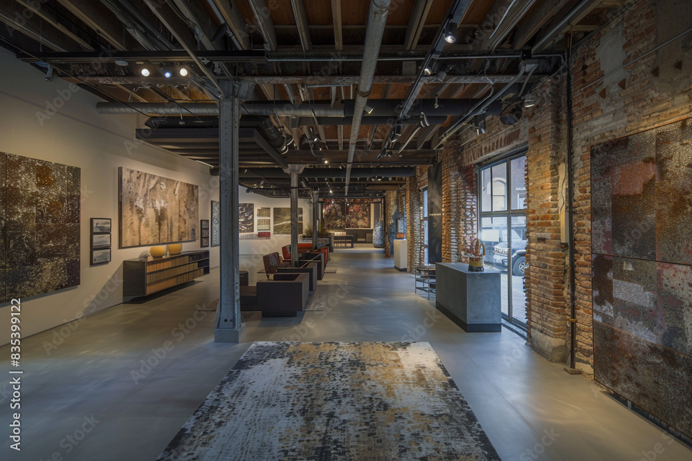 Innovative Avant Art Gallery interior with interactive magnetic installations in a high-tech, industrial-inspired space, merging magnetism and artistic creativity, Innovative Avant Art Gallery interior with interactive magnetic installations in a high-tech, industrial-inspired space, merging magnetism and artistic creativity,