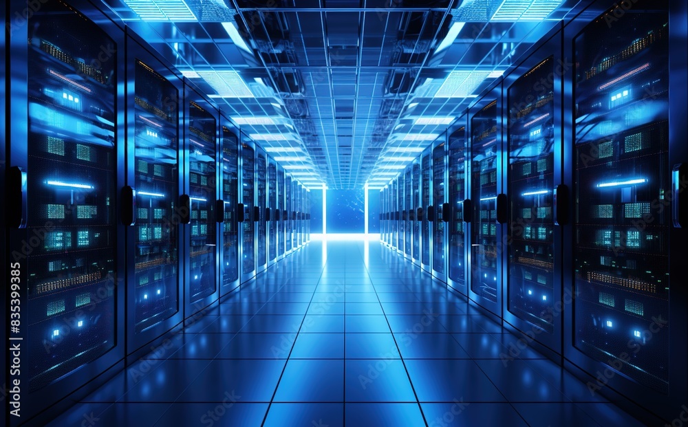 igh-tech data center with rows of server cabinets, illuminated by LED lights and visible wires, representing the power behind cloud computing and cyber security technology. 