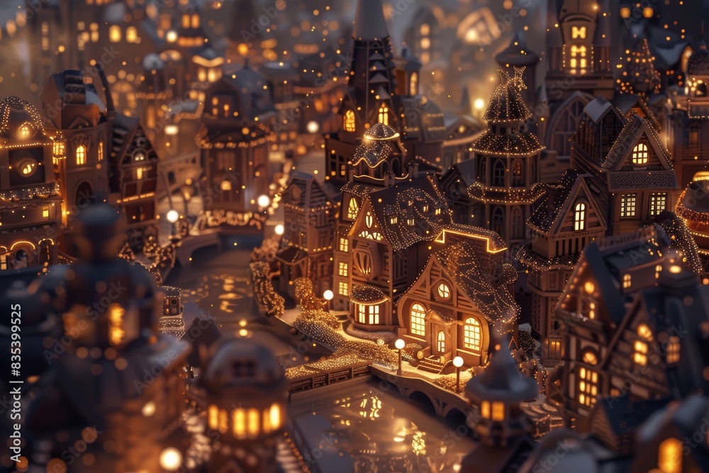 Obraz premium Magical Chocolate Cityscape Illustration at Night with Illuminated Buildings and Streets