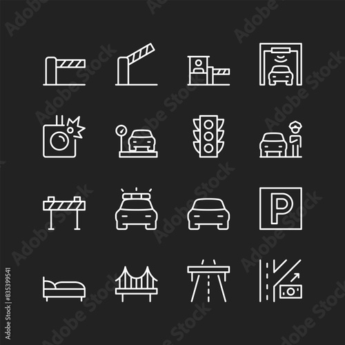 Road icon set, white lines on black background. High-speed toll road, freeway, checkpoint. Road infrastructure: dividing strips, interchanges, payment terminals, barriers. Customizable line thickness