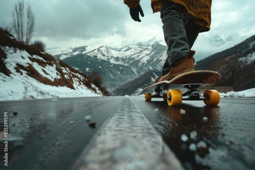 A person rides a skateboard down a wet road, with water splashing around