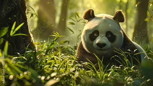 close up of a prretty panda in the park, beautiful panda bear in the grass, portrait of a panda