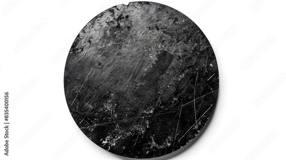 Old black circular paper sticker with scratches isolated on a white background Old black circular paper sticker with scratches isolated on a white background