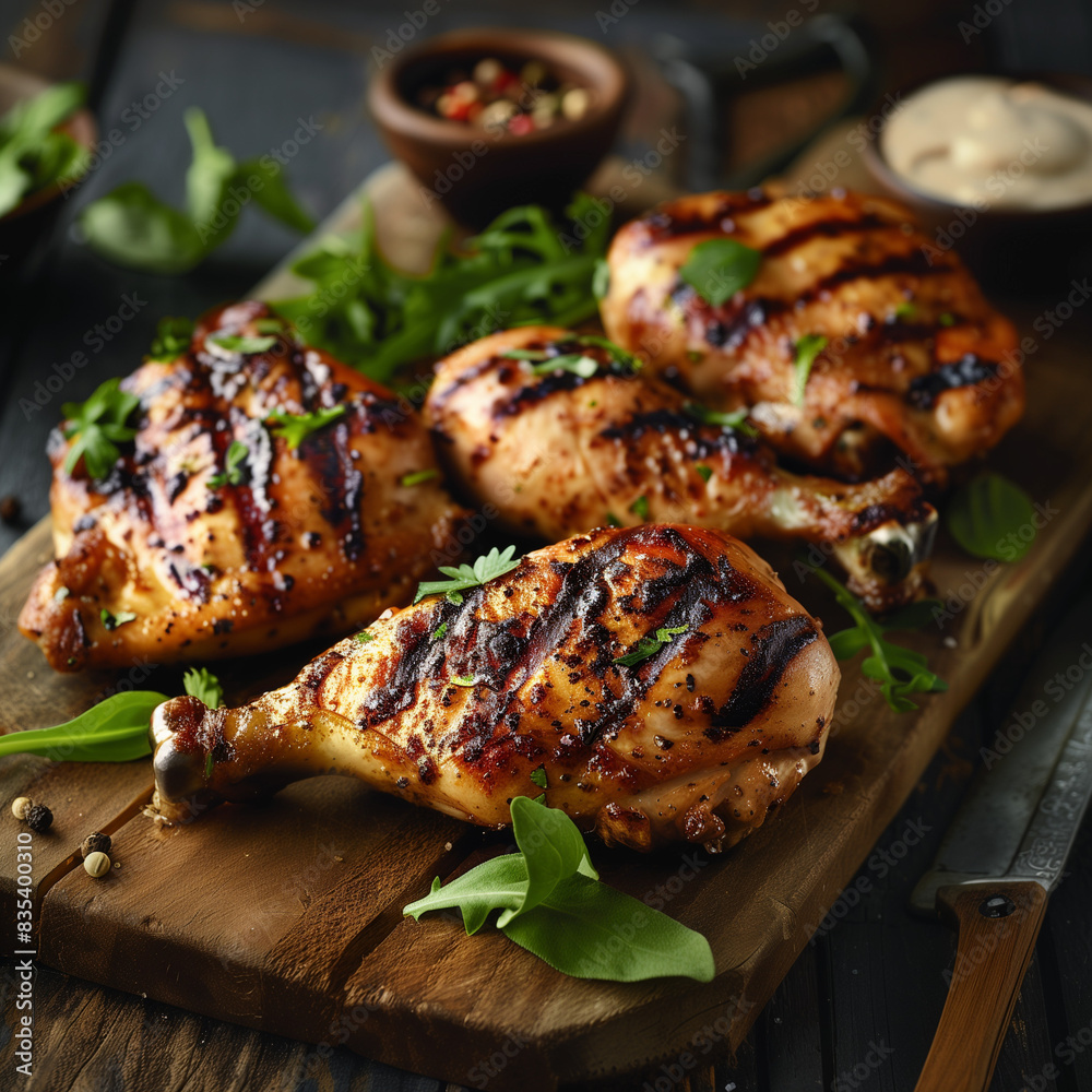 a wooden board with grilled chicken and vegetables on it
