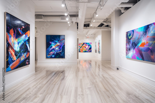 Luxurious Avant Art Gallery interior featuring contemporary glitch art in a sleek, minimalist space, celebrating digital imperfections and artistic innovation,