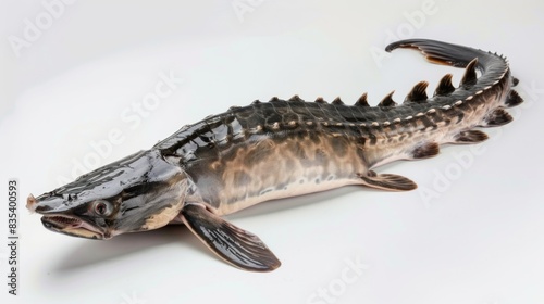 A fish lying on a white background, providing an opportunity for use in various scientific or educational contexts