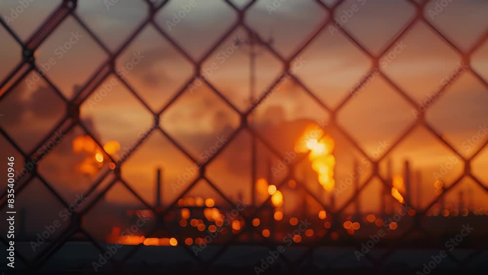 A chain link fence surrounds the site with massive plumes of burning gas visible beyond it. A chain link fence surrounds the site with massive plumes of burning gas visible beyond it.