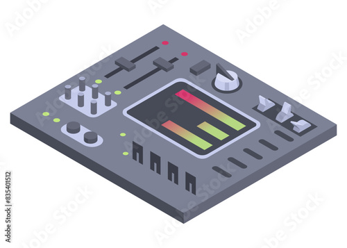 Isometric control panel spaceship with slider, controllers, buttons. 3d dashboard on white background. Aircraft toggle switches panel vector illustration