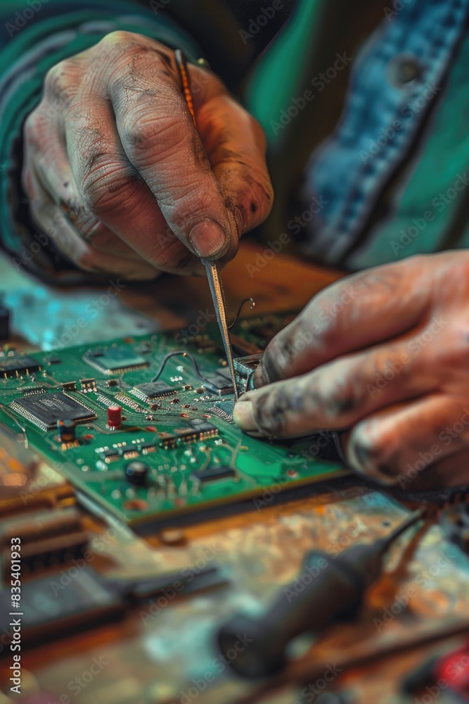 A close-up image of a person hands-on with electronics, focusing on a circuit board