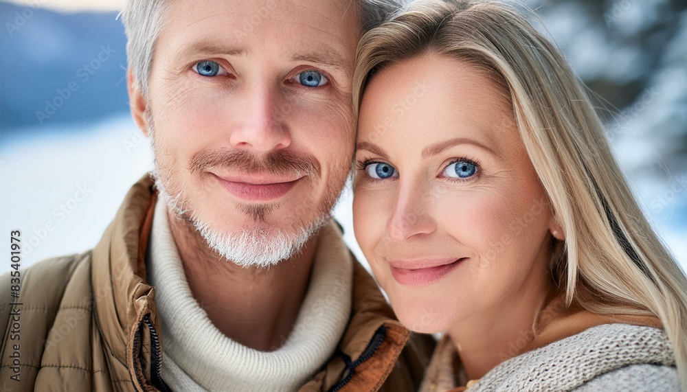 Obraz premium Close-up of a mature, beautiful Scandinavian couple consisting of a young Nordic Caucasian man and a young European Scandinavian woman who are in love. The shot shows details of their faces