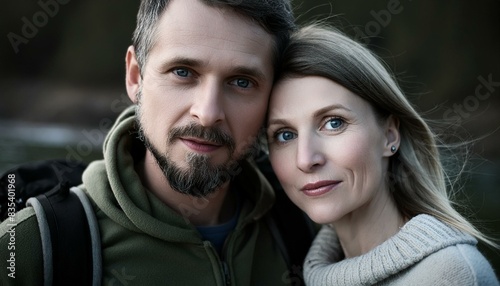 Close-up of a mature, beautiful Scandinavian couple consisting of a young Nordic Caucasian man and a young European Scandinavian woman who are in love. The shot shows details of their faces © Wonderful Life 