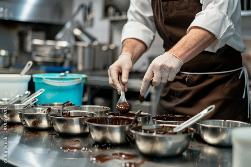 Professional Chef Tempering Chocolate in Modern Pristine Kitchen for Culinary Excellence Professional Chef Tempering Chocolate in Modern Pristine Kitchen for Culinary Excellence