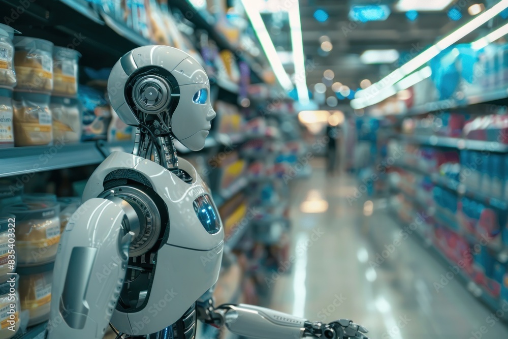 Robot in a grocery store aisle, equipped with advanced sensors and designed for customer assistance. Robot in a grocery store aisle, equipped with advanced sensors and designed for customer assistance.