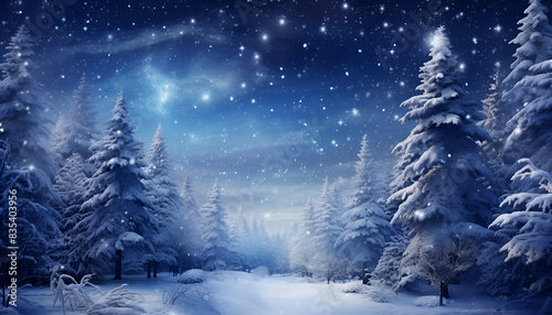 Winter forest with snow sky and stars at night. Magical Winter Night: Snowy Forest Under Starry Sky 