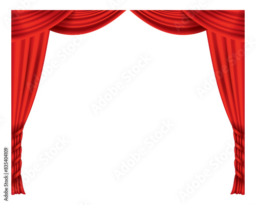 Red curtains realistic. Theater fabric silk decoration for movie cinema or opera hall. Curtains and draperies interior decoration object. Isolated on transparent for theater stage