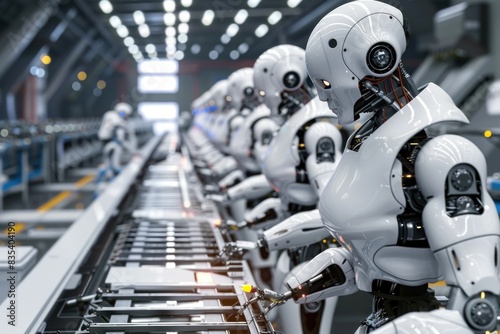 A series of humanoid robots positioned along an assembly line in a high-tech factory, each performing specific tasks.