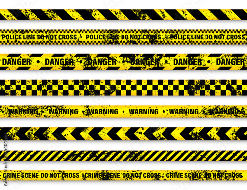 Old grunge barricade construction tape. Yellow police warning line, brightly colored danger or hazard stripe, ribbon. Restricted area, zone. Attention symbol. Vector illustration