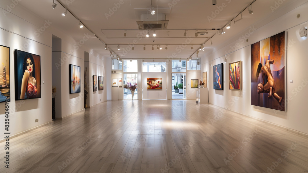 Sophisticated Avant Art Gallery layout displaying modern figurative paintings in a bright, elegant setting, capturing human form and emotion with contemporary style, Sophisticated Avant Art Gallery layout displaying modern figurative paintings in a bright, elegant setting, capturing human form and emotion with contemporary style,