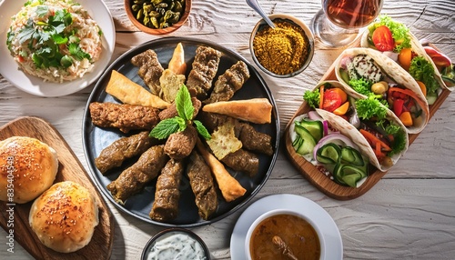 Arabic grilled arabic food dishes kebab, dolma, mansaf, shawarma Turkish and Arabic Traditional Ramadan Mix Vali Kebab Plate inside Adana, Urfa, Chicken, Lamb, Liver and Beef on bread