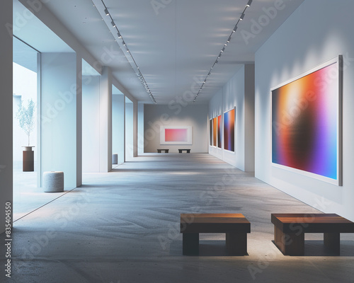 Sophisticated Avant Art Gallery layout displaying innovative generative art in a sleek  minimalist setting  celebrating algorithm-driven artistic creation 