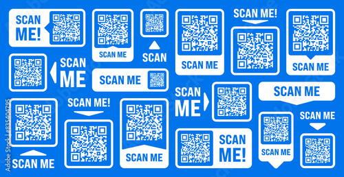 Scan me QR code sticker with text. Online payment. Special offer sale stickers, shopping discount label, promotional badge. Product serial number. Supermarket retail price tag. Vector illustration