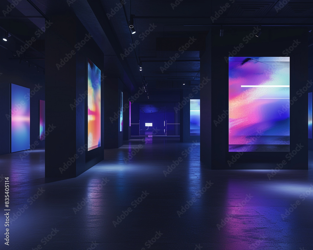 Sophisticated Avant Art Gallery mockup showcasing modern digital art installations in a dark, tech-forward space, blending light, motion, and user interaction for engaging experiences, Sophisticated Avant Art Gallery mockup showcasing modern digital art installations in a dark, tech-forward space, blending light, motion, and user interaction for engaging experiences,