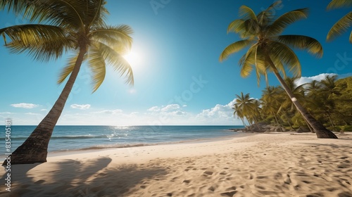 A Serene Tropical Beach with Swaying Palm Trees on a Sunny Day