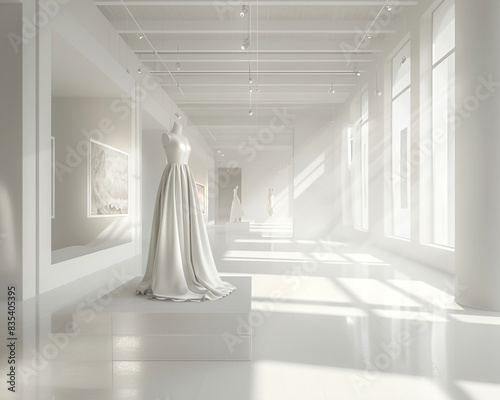 Sophisticated Avant Art Gallery mockup showcasing modern wearable art in a bright, fashion-forward environment, merging haute couture and artistic innovation,