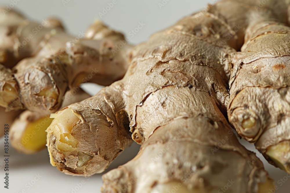 Fototapeta premium Close-up shot of fresh ginger roots on a wooden table