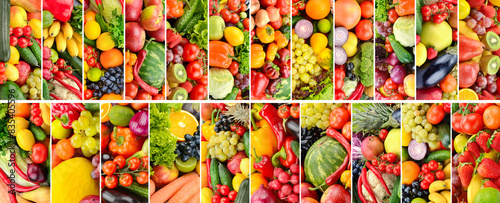 Large background of juicy fruits and vegetables separated by vertical lines.
