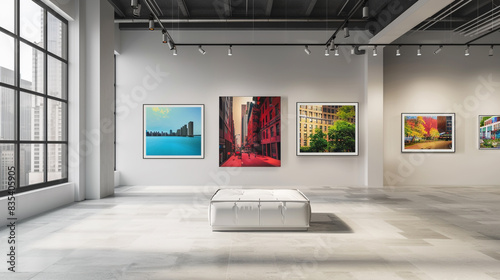 Stylish Avant Art Gallery setup presenting vibrant urban photography in a sleek, modern space, capturing the energy and diversity of city life,