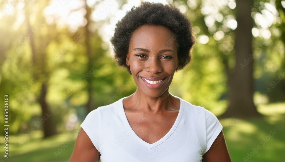 Black afro american woman in her 40s wearing white shirt top exercising outdoor looking directly at the camera Black afro american woman in her 40s wearing white shirt top exercising outdoor looking directly at the camera