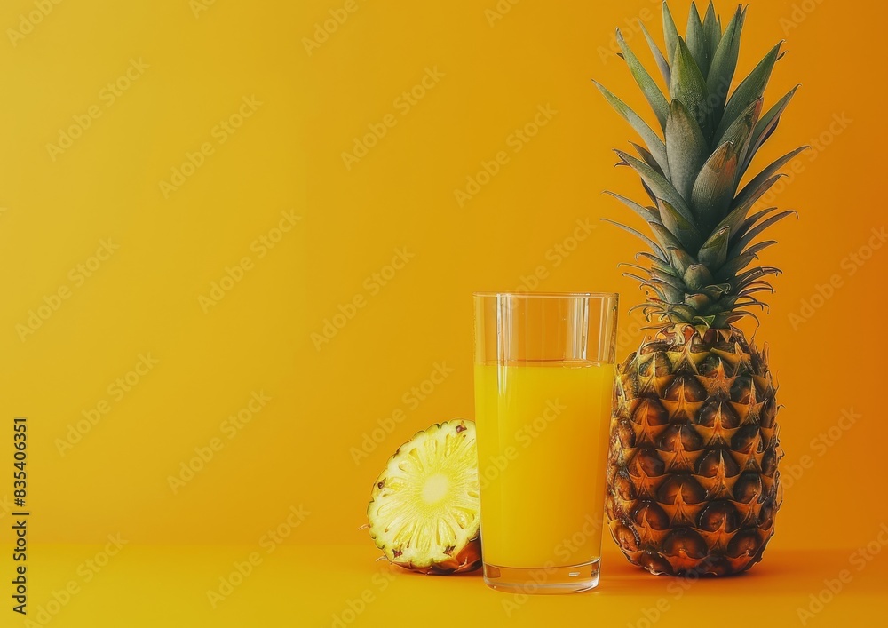 Fresh pineapple juice in a glass next to a whole and sliced pineapple on an orange background Fresh pineapple juice in a glass next to a whole and sliced pineapple on an orange background