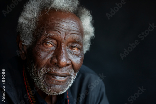 Portrait of an elderly black man with grey hair at blank black background with copyspace for ads