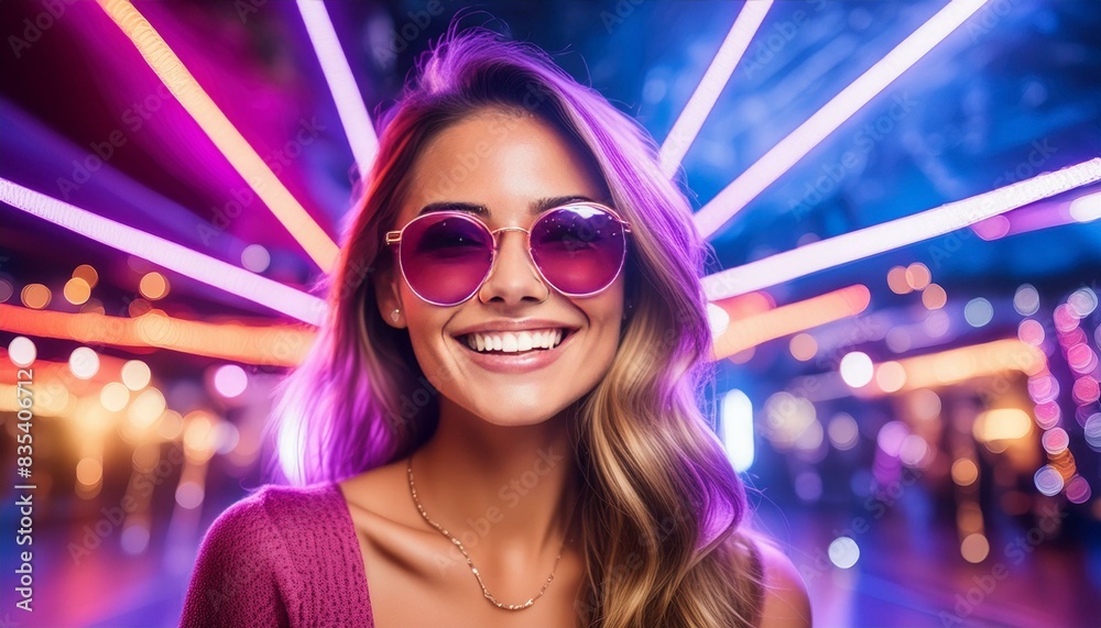 A young woman wearing sunglasses beams with joy under the vibrant hues of purple and pink spotlights in a nightclub. Laser lights dance around her, adding to the atmosphere of celebration. A young woman wearing sunglasses beams with joy under the vibrant hues of purple and pink spotlights in a nightclub. Laser lights dance around her, adding to the atmosphere of celebration.