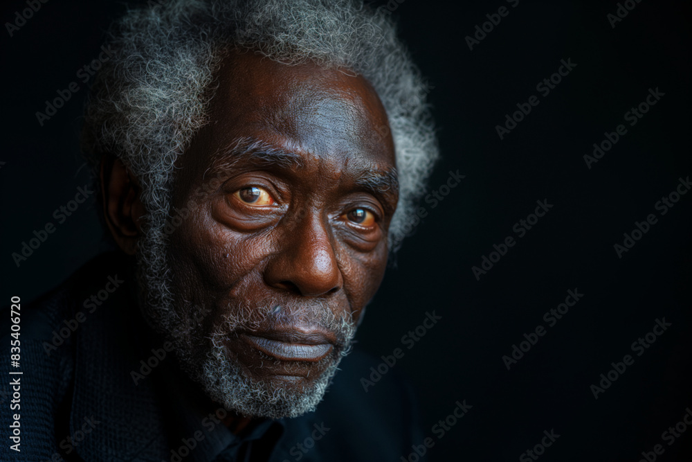 Close-up portrait of an older black man with grey hair against blank black background with copyspace