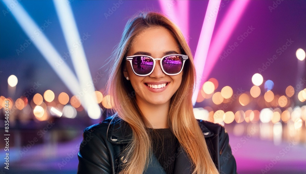 A young woman wearing sunglasses beams with joy under the vibrant hues of purple and pink spotlights in a nightclub. Laser lights dance around her, adding to the atmosphere of celebration. A young woman wearing sunglasses beams with joy under the vibrant hues of purple and pink spotlights in a nightclub. Laser lights dance around her, adding to the atmosphere of celebration.