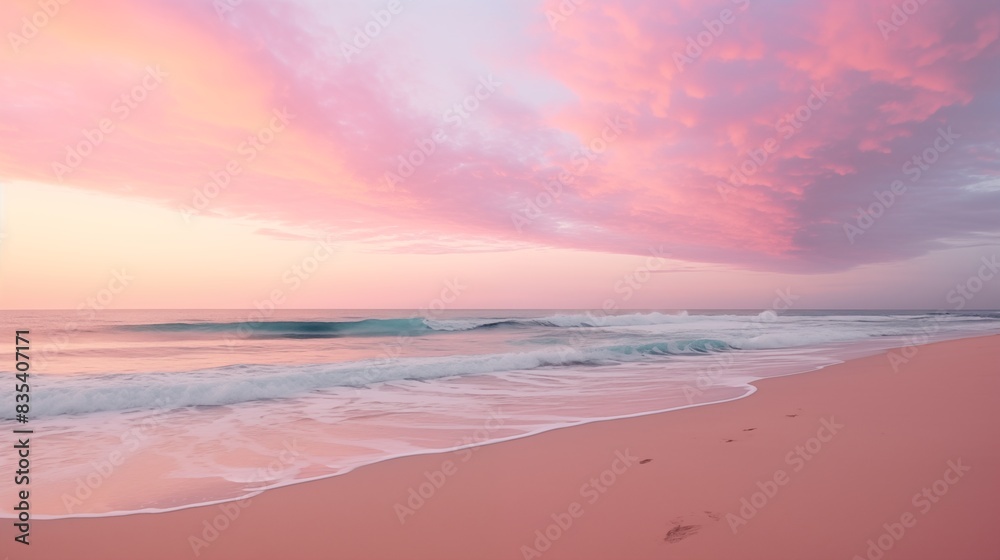 Obraz premium Serene Beach at Sunset with Pink Clouds and Calm Waves