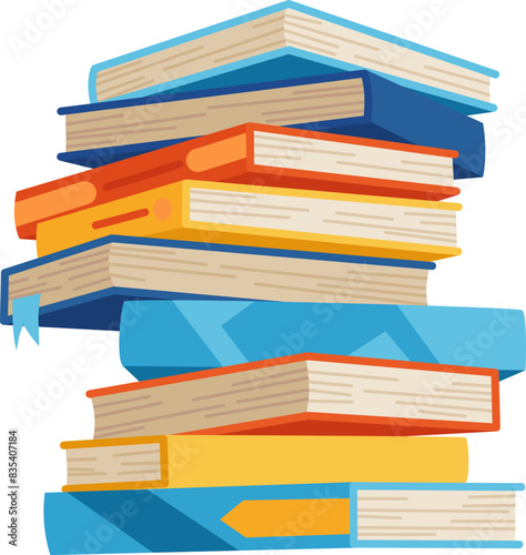High book stacks or pile. Library textbooks and school literature heaps, dictionaries. Bookstore advertise. Cartoon stacked books angle view with different colorful covers isolated on white