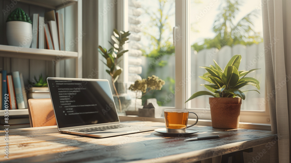 Cozy home office with stylish desk and laptop Cozy home office with stylish desk and laptop