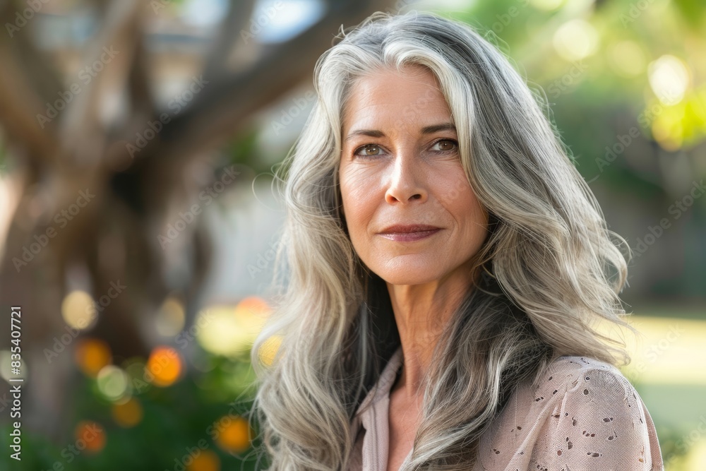 An elegant senior woman with striking grey hair and soft smile, standing in lush garden. Her experienced eyes convey wisdom and contentment, with hint of melancholy perhaps reflecting on life choices An elegant senior woman with striking grey hair and soft smile, standing in lush garden. Her experienced eyes convey wisdom and contentment, with hint of melancholy perhaps reflecting on life choices