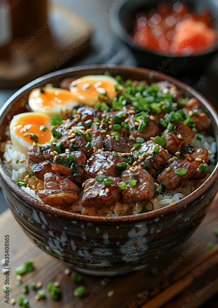 Donburi - Rice bowl topped with beef (gyudon), chicken (oyakodon), or seafood. Donburi - Rice bowl topped with beef (gyudon), chicken (oyakodon), or seafood.