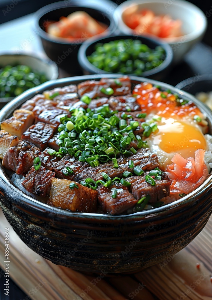 Donburi - Rice bowl topped with beef (gyudon), chicken (oyakodon), or seafood. Donburi - Rice bowl topped with beef (gyudon), chicken (oyakodon), or seafood.