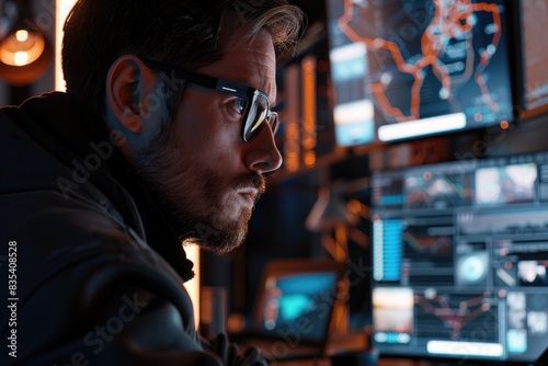 A person sitting at a desk staring at a computer screen with glasses on, great for office or work-related concepts