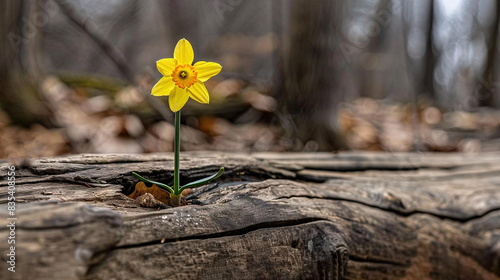  A solitary yellow daffodil emerges from the tree's bark in a woodland setting photo