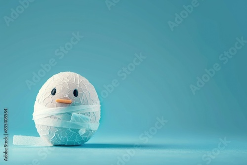 A toy plastic egg with a bandage wrapped around its face  perfect for medical or comedy themed uses